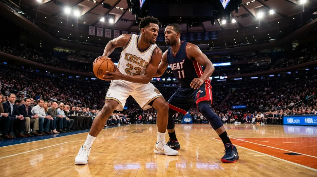 Dois jogadores de basquetebol frente a frente em posição defensiva durante um jogo