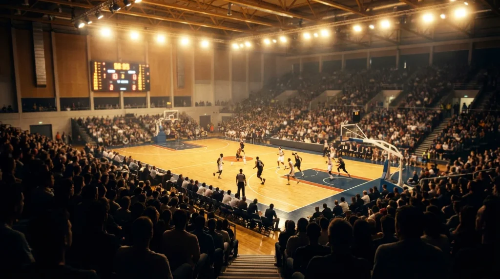 Apostas ao vivo em basquetebol com jogadores em campo e placar iluminado