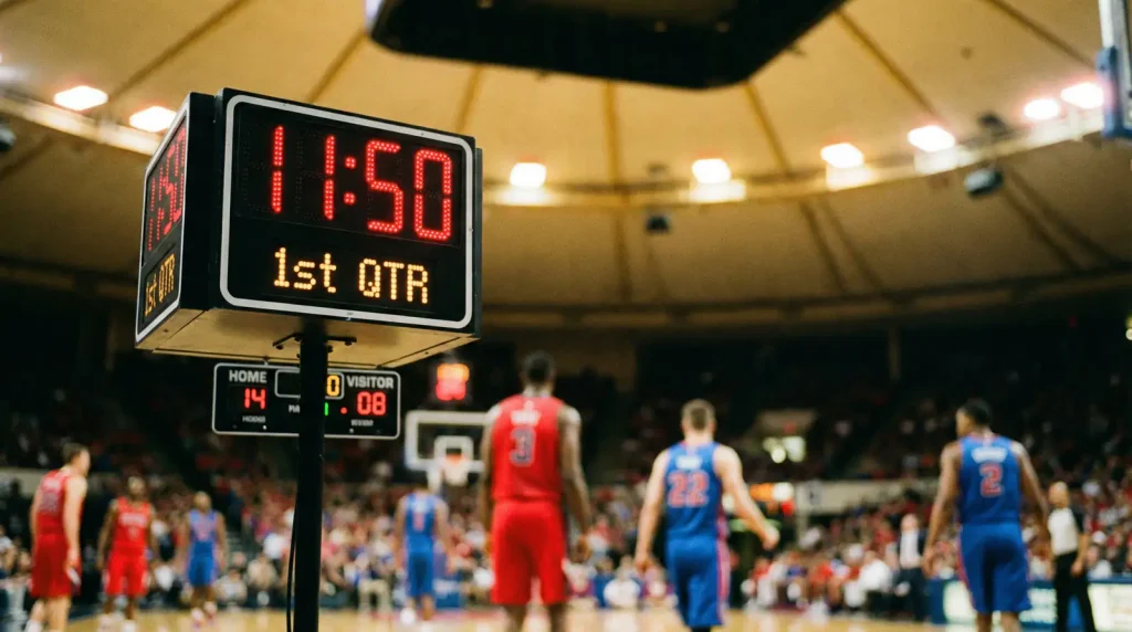 Relógio de jogo de basquetebol a mostrar o primeiro quarto num pavilhão com jogadores em campo