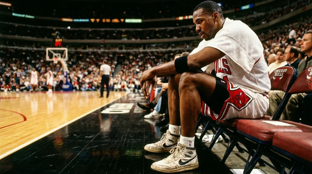 Jogador de basquetebol cansado a descansar no banco durante um jogo da NBA