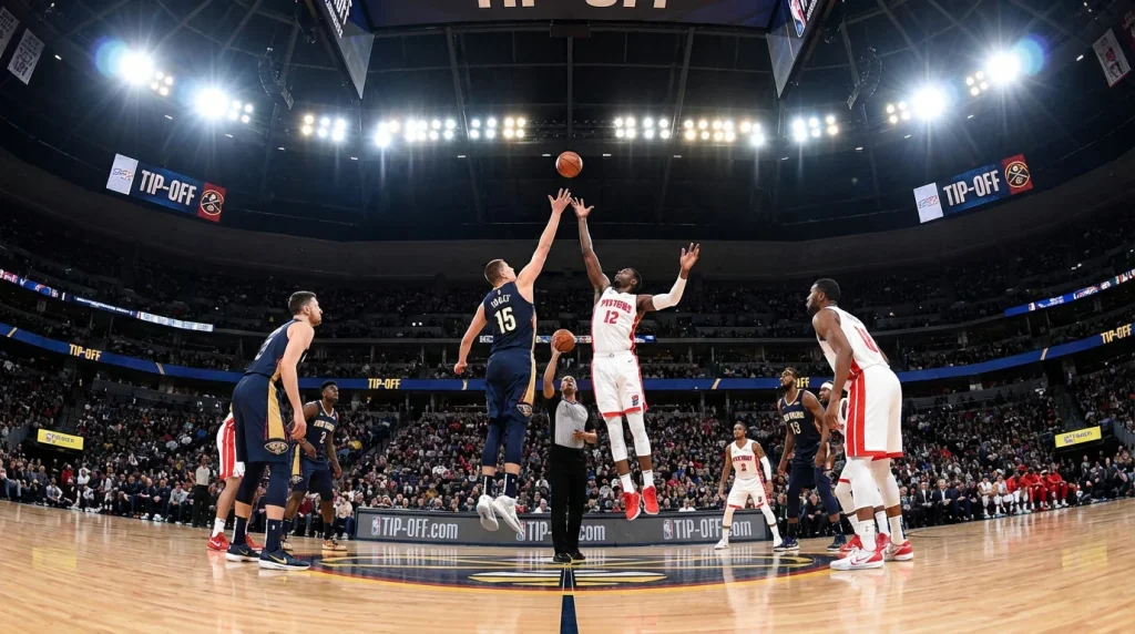 Salto inicial de basquetebol num pavilhão com dois jogadores a disputar a bola no ar