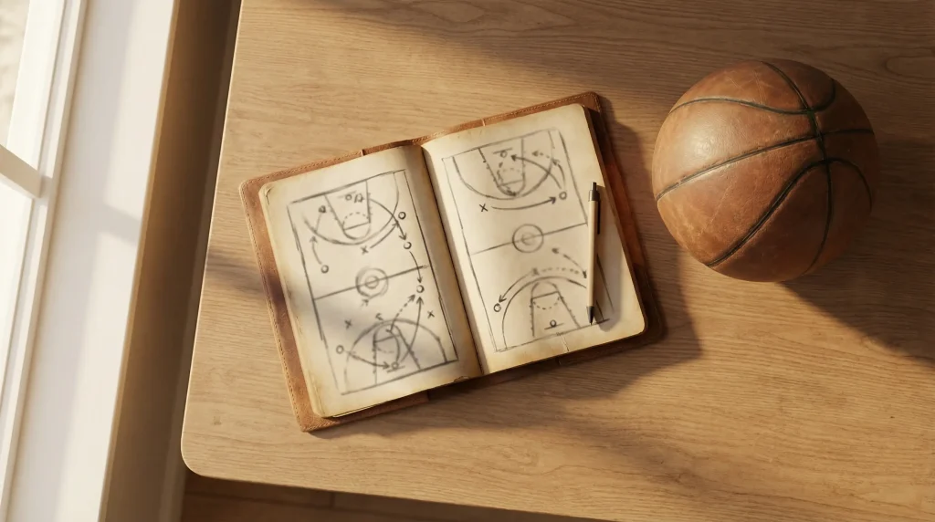 Estratégias de apostas em basquetebol com caderno de análise e bola de basquetebol