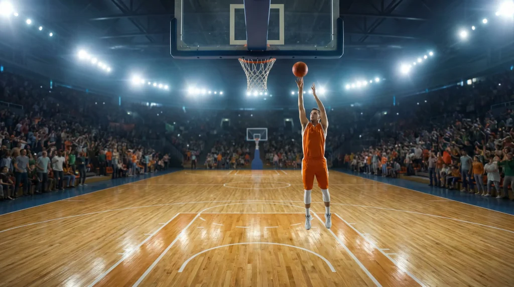 Jogador de basquetebol a lançar ao cesto num pavilhão com tabela de spread e linhas de handicap