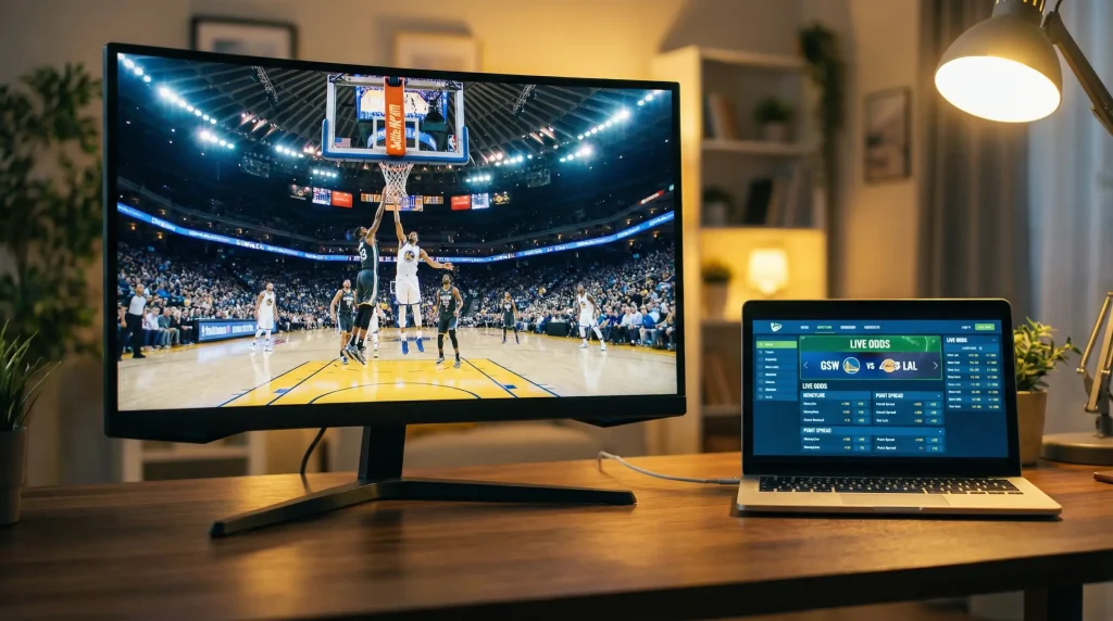 Jogo de basquetebol transmitido em direto num ecrã com plataforma de apostas ao vivo aberta ao lado