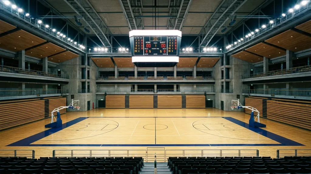 Pavilhão de basquetebol vazio com tabela e marcador eletrónico visto das bancadas