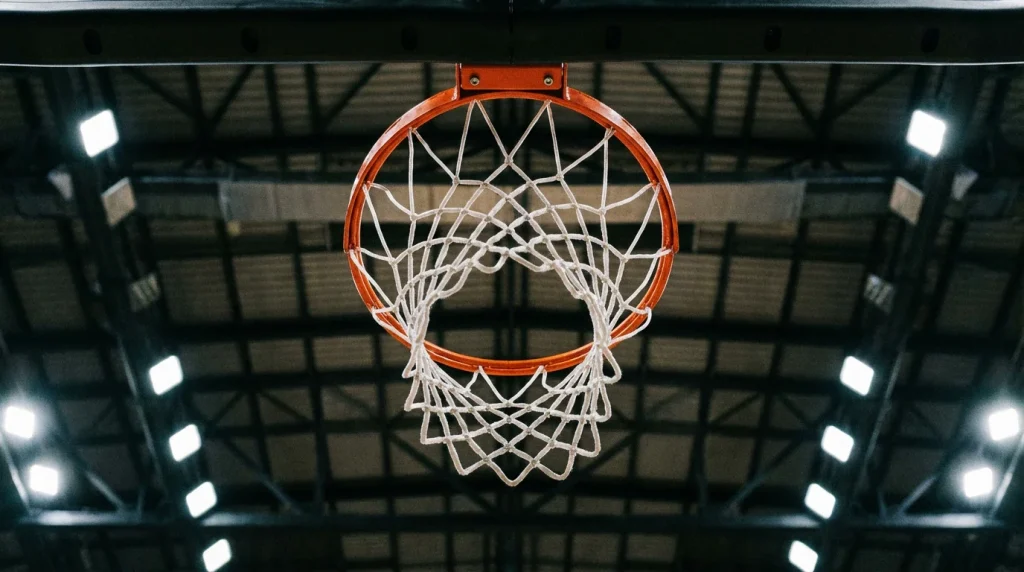 Cesto de basquetebol visto de baixo com rede e tabela num pavilhão iluminado