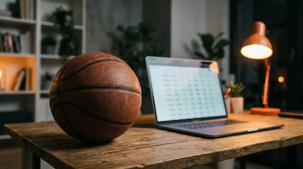 Odds de basquetebol num ecrã com cotações decimais e jogo de basquetebol