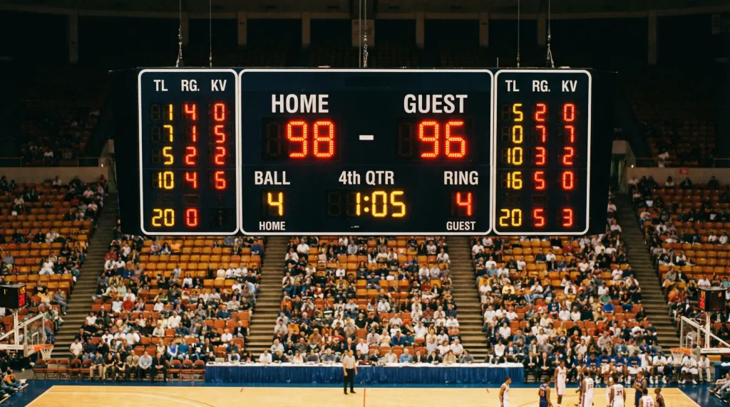 Tabela de pontuação de basquetebol com marcador eletrónico num pavilhão durante um jogo