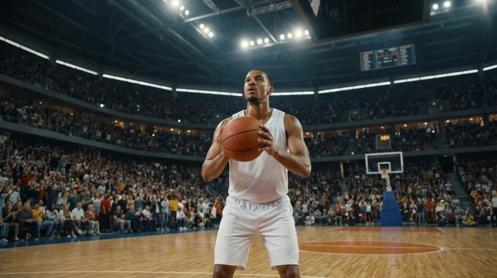 Jogador de basquetebol a executar um lançamento livre num pavilhão com público nas bancadas