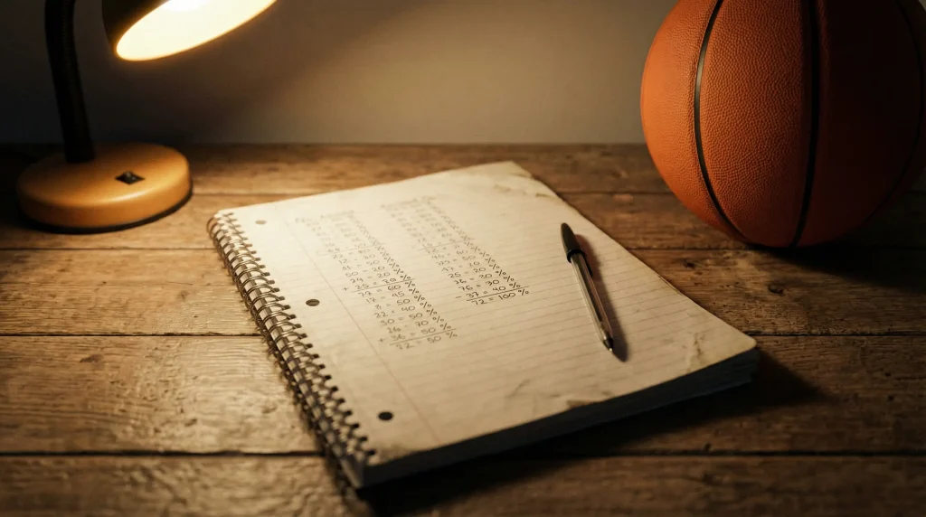 Bloco de notas com cálculos e caneta ao lado de uma bola de basquetebol numa secretária