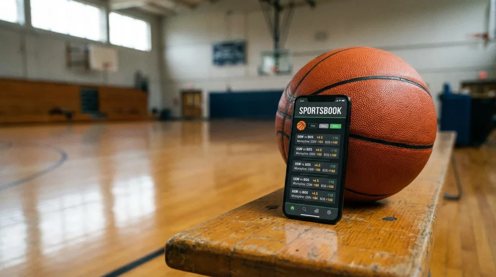 Telemóvel com ecrã de apostas de basquetebol e bola de basquetebol ao lado num banco de pavilhão