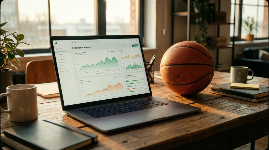 Portátil com gráficos de odds de basquetebol numa secretária ao lado de uma bola de basquetebol